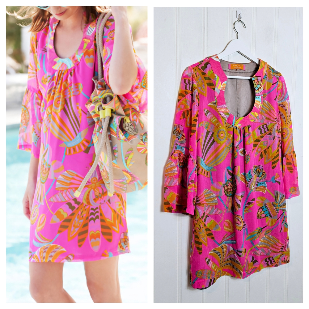 Trina Turk Dress Size 4 Bonita Silk Bell Sleeve Retro Floral Mini Pink Multi